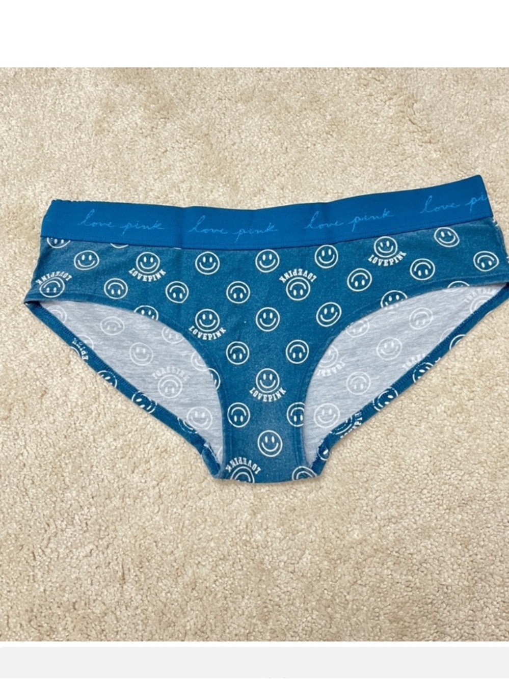 Victoria’s Secret PINK Teal Smiley Face Thick Logo WaistBand Hipster Panties XL